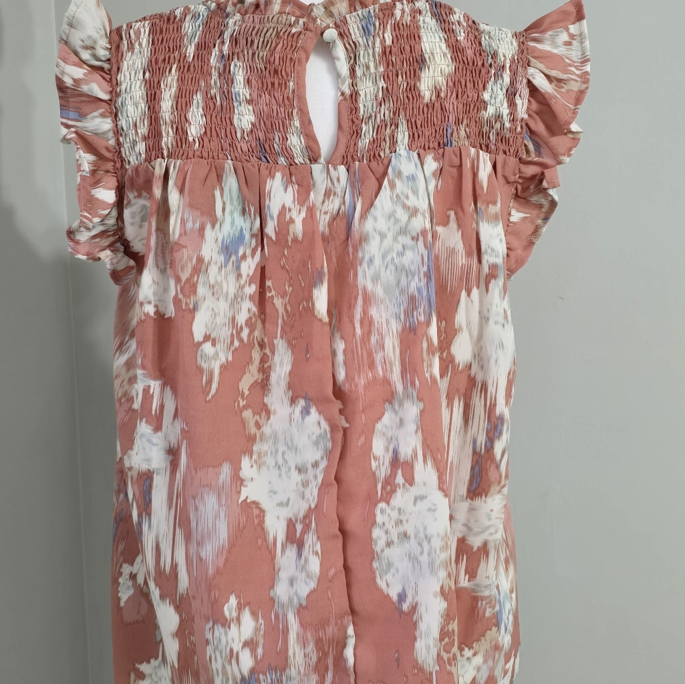 Hayden NWT Pink-Coral Watercolor Smocked Top Ruffled Top Women's Size Small - Picture 5 of 11